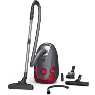 Aspirator cu sac Rowenta Power XXL RO3186EA, 4.5 L, 450 W, 3 trepte de filtrare, sac Hygiene+, lungime cablu 8.4m, recipient praf 4.5L, perie EasyBrush, Rosu/ gri