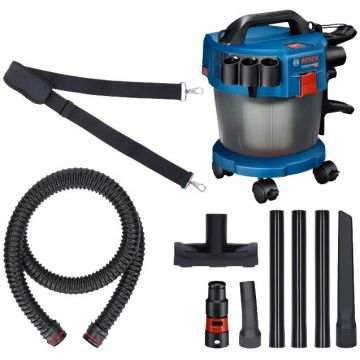 BOSCH Aspirator pe acumulator Bosch Professional GAS 18V-10 L, 18 V, 115 mbari, 6 l volum recipient, curea de umar, 3 buc tub aspiratie, 1 adaptor scula electrica, furtun 1.6 m, duza rosturi, 4 roti, teava cu cot, filtru burduf praf, duza pardoseli, Alba