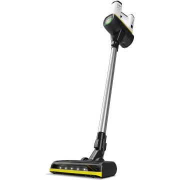 Karcher Aspirator vertical Karcher VC 6 Cordless ourFamily Battery Plus, 1.198-677.0, 250W, 2 trepte de viteza , 25,2 V, 2,5 Ah, 800 ml , Filtru HEPA 12, Baterie 25,2 V / 2,5 Ah (2 bucati), Duza universala mare cu LED pentru podele, Suport de perete, Alb