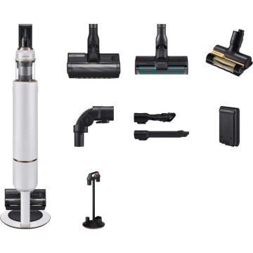 Samsung Aspirator vertical Samsung BESPOKE Jet Plus Complete, 580 W, Autonomie 60 minute, Tehnologie Multi-Ciclonica, Recipient 0.5 l, Display LCD, Statie de incarcare, Perie cu LED, Alb