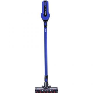Aspirator vertical Daewoo RSH-410GB-1, 300W, motor BLDC, putere de aspirare 16.5Kpa, filtru HEPA, baterie Litiu-Ion 29.6volti, autonomie 40 de minute, control pe maner, indicator de putere, perie standard, accesoriu spatii inguste (Albastru)