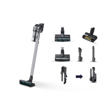 Aspirator vertical Samsung Jet 75E Complete VS20B75ACR5/WA, 0.8L, 25.2V, 550W, Digital Inverter, Perie Turbo pentru covoare, Perie Soft pentru parchet, perie Pet, 60 min autonomie (Argintiu)