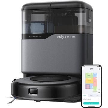 eufy Aspirator robot eufy Omni C20, 7.000 Pa, Aspirator si Mop, Statie All-In-one, Tehnologie Mop Master™, Sac de praf de 3.1L, Recipient de apa curata de 2.5L, Negru