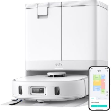 eufy Aspirator robot eufy X10 Pro Omni, 8,000 Pa, Tehnologie MopMaster 2.0, Recipient de praf de 2.5L cu golire automata + uscarea mopului la 45°C, Rezervor de apa de 3L, Autonomie de 173 min, Evitare a obstacolelor cu AI, Alb