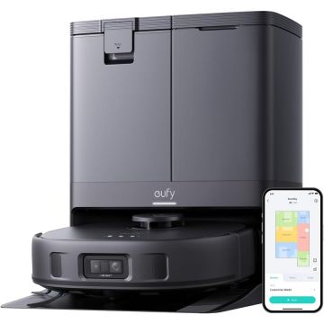eufy Aspirator robot eufy X10 Pro Omni, 8,000 Pa, Tehnologie MopMaster 2.0, Recipient de praf de 2.5L cu golire automata + uscarea mopului la 45°C, Rezervor de apa de 3L, Autonomie de 173 min, Evitare a obstacolelor cu AI, Negru
