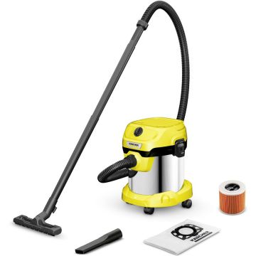 Karcher Aspirator umed-uscat Karcher WD 2 PLUS S V-15/4/18/C, 1000 W, recipient din otel inoxidabil 15 l, furtun 1,8 m, functie de suflare, filtru cartus, sac de filtrare, 1.628-054.0, Galben-Negru-Metal