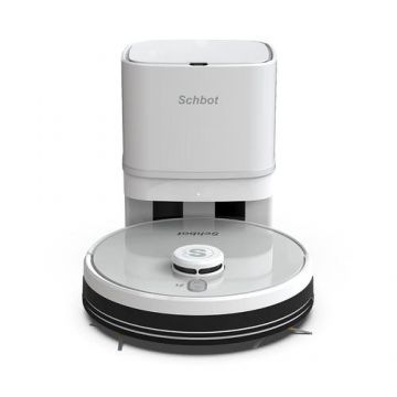 Robot de Aspirare Schbot F1 Pitbox cu Statie de Golire si Incarcare Automata, Aspirator Robot 3 in 1: aspirare, spalare podele, curatare uscata si umeda, Autonomie 55 - 110 minute (Alb)