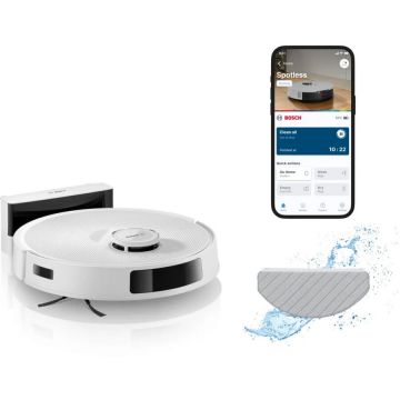 BOSCH Robot de aspirare Bosch BCRC2W, aspirare&spalare, Statie de incarcare, putere maxima 11000 PA, Navigare 360° LiDAR, Functie Reduced Tangling, recipient praf 0.4 L, Home Connect, Alb