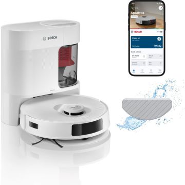 BOSCH Robot de aspirare Bosch BCRD1W, aspirare&spalare, Statie de golire, putere maxima 11000 PA, Navigare 360° LiDAR, Functie Reduced Tangling, recipient praf 0.4 L , Home Connect, Alb