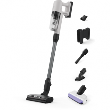 Electrolux Aspirator vertical multifunctional Electrolux Seria700 EP71HB14UV, 150W, 4000 mAh Li-Ion, autonomie max 50 min, perie motorizata multi-suprafete PowerPro cu LED, perie MINI Turbo cu lumina UV pentru saltele/canapele, alb