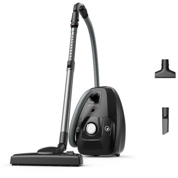 Rowenta Aspirator cu sac Rowenta Green Force Max Silence RO6136EA, 900W, 70% plastic reciclat, 3 niveluri de filtrare, sac Hygiene+, lungime cablu 8.4m, recipient praf 4.5L, perie EasyBrush, indicator umplere sac, Negru/ argintiu