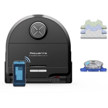 Rowenta Aspirator robot Rowenta X-Plorer Serie 240 RR9675WH, aspirator si mop, autonomie 120 min, recipient praf 0.35L, statie de incarcare, sistem Smart Aqua Power, negru