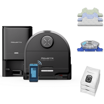 Rowenta Aspirator robot Rowenta X-Plorer Serie 240+ RR9695WH, aspirator si mop, autonomie 120 min, recipient praf 0.35L, statie de incarcare si golire praf, mop Smart Aqua Power, negru