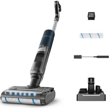 Rowenta Aspirator vertical fara fir cu spalare Rowenta X-Clean 7 GZ5735E0, 250W, 530 RPM, pana la 50 min autonomie, aspirare umeda si uscata, capacitate rezervor apa murdara 0.5L, functie autocuratare si autouscare, ghidare vocala, afisaj LED, verde & gr