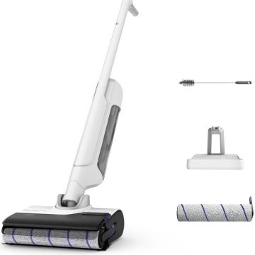 Rowenta Aspirator vertical fara fir cu spalare Rowenta X-Clean 10 GZ7540WO, 200W, 550 RPM, pana la 60 min autonomie, ecran LED, functie uscare & autocuratare, baza de incarcare cu suport accesorii, compatibil cu detergenti, alb & argintiu