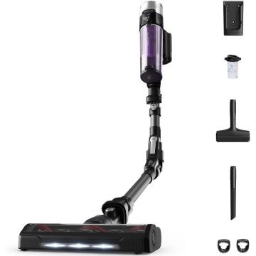 Rowenta Aspirator vertical fara fir Rowenta X-Force Flex 9.60 Allergy RH2038WO, 250W, 18.5V, autonomie 45 min, filtrare 99.9%, recipient praf 0.44 L, tub flexibil, perie cu iluminare LED, panou SmartControl, suport de perete cu incarcare, violet & negru