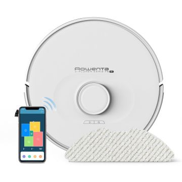 Rowenta Robot de aspirare Rowenta X-Plorer S75S Animal & Allergy RR8567WH, aspirator si mop, 31W, 2700 Pa, 120 min, 2600 mAh, 7 senzori, 4 harti, recipient praf 0.4L, recipient apa 300 ml, statie de incarcare, curatare 4 in 1, mop Smart Aqua Power, alb