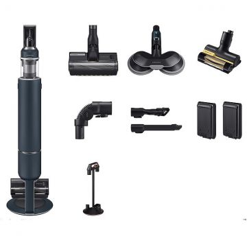 Samsung Aspirator vertical Samsung Bespoke Jet Plus Pro Extra, VS20B95973B/GE, putere 580W, 0.5L, 25.2V, Digital Inverter, Mop rotativ cu pulverizator, Perie Pet, autonomie 120 min, Negru Chrometal si Albastru Midnight