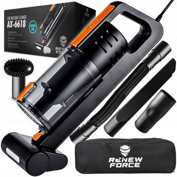 Aspirator Auto Renew Force cu Tehnologie Cyclone, Perie Turbo cu LED, Filtru HEPA, Alimentare Priza Auto 12V, Accesorii Multiple, Negru