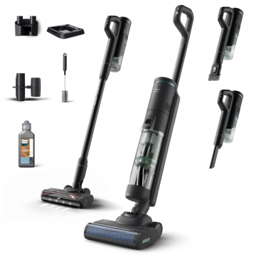 Philips Aspirator vertical 3-in-1 Philips AQUA TRIO seria 7000 XW7263/11, tehnologie Aqua Spin 2500, perie rotativa ce se curata singura in timpul utilizarii, tavita pentru auto-curatare, cap de aspirare pentru tapiterie si spatii inguste, detergent pode
