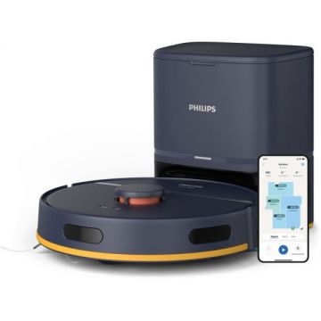 Philips Robot de aspirare Philips XU2100/15 seria 2000, aspirator si mop, 6000 Pa, statie de golire automata, Wi-Fi, Navigare radar LDS, filtru EPA11 lavabil, scanare la 360 de grade, autonomie pana la 120 min, aplicatie HomeRun, Albastru-Galben