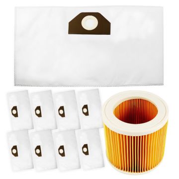 Set filtru de aer si 10 saci textili NewEvo pentru aspiratoare Karcher seria WD3, SE 4001,4002, MV 2, 3, 3P, NT27.1, K2000, 2150, A1000, 2003, 2004