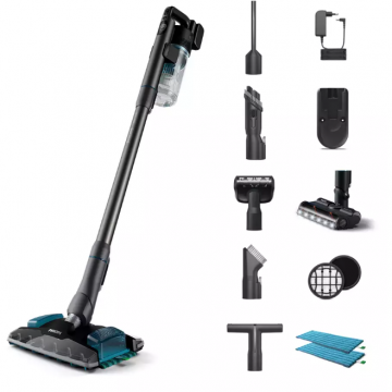 Philips Aspirator vertical Philips XC8055/01 Aqua Plus, 25.2V, autonomie pana la 80 min, duza de aspirare PrecisionPower Smart, sistem filtrare 5 etape, lumini LED, afisaj digital, 4 accesorii, Gri
