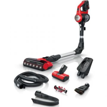 Aspirator vertical Bosch Unlimited 7 ProAnimal BBS711ANM, 18V, Autonomie 40 min, 3 trepte de putere, 0.4 L,  Perie ProAnimal cu LED-uri, motor TurboSpin, tija flexibila, functie Quick Stand (Negru/Rosu)
