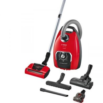 BOSCH Aspirator cu sac Bosch ProAnimal BGB8PET1, Gama 8, Aspirare uscata, Putere 650W, Sac XXL 5l, Cablu 12m, Greutate 5.5kg, Filtru lavabil HEPA H13, Duza si miniduza AirTurbo Plus, Zgomot 74dB, Rosu