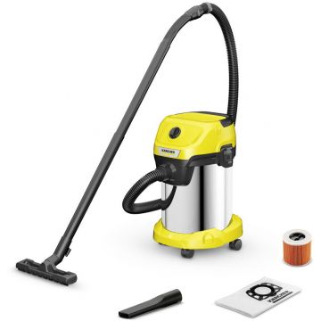 Karcher Aspirator Karcher 3 S V-19/6/20 , Aspirare umeda si uscata, 19l, furtun 2m, 1000W, functie de suflare , inox, Galben/Negru